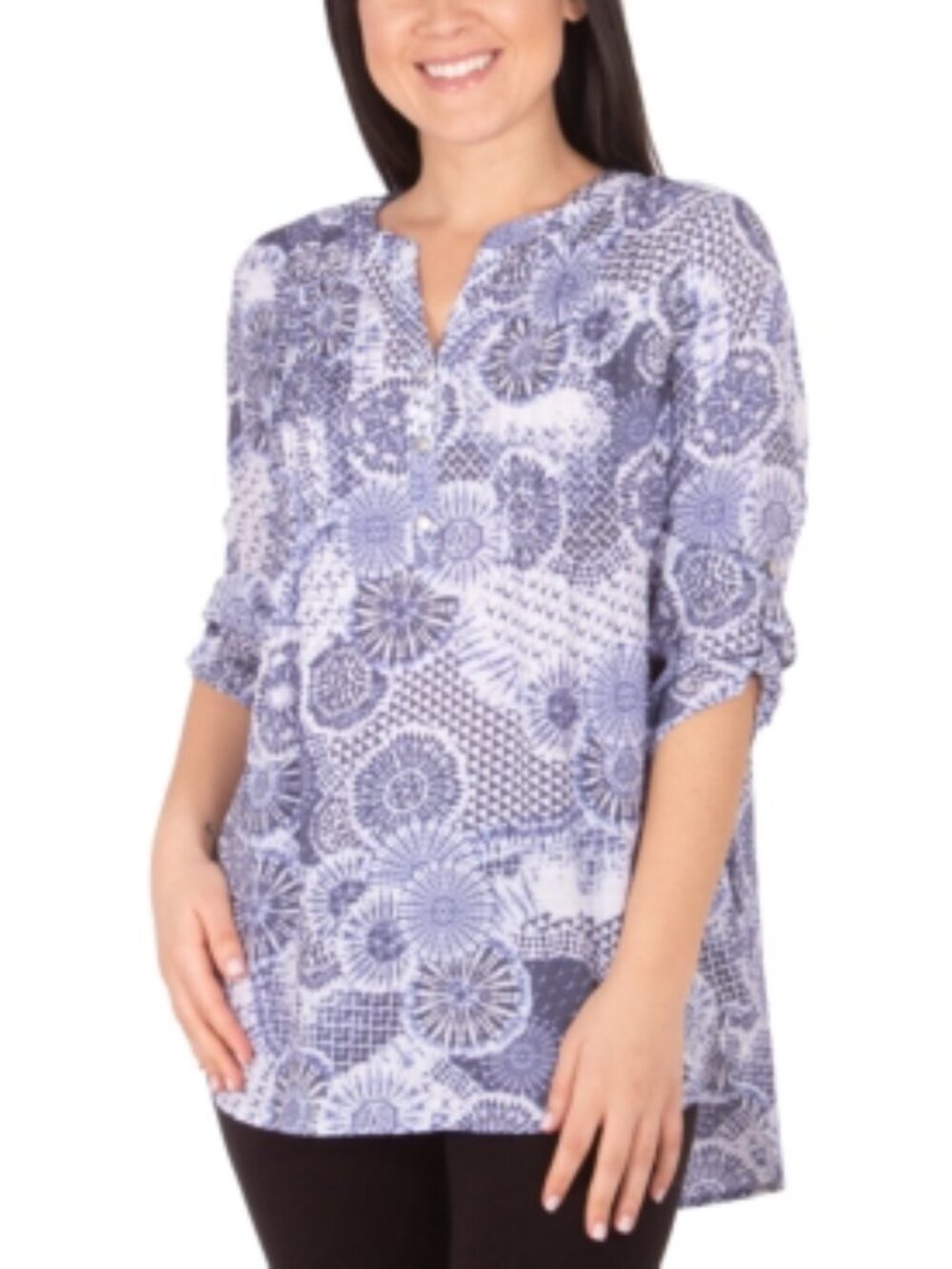 NY Collection Petite Tribal Print Pintuck Top PM Blue 3/4 Sleeve Boho Work Top - Picture 6 of 6